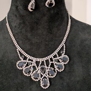 Set Of 3. Black Clear Rhinestone Teardrop 8" Necklace And Earring